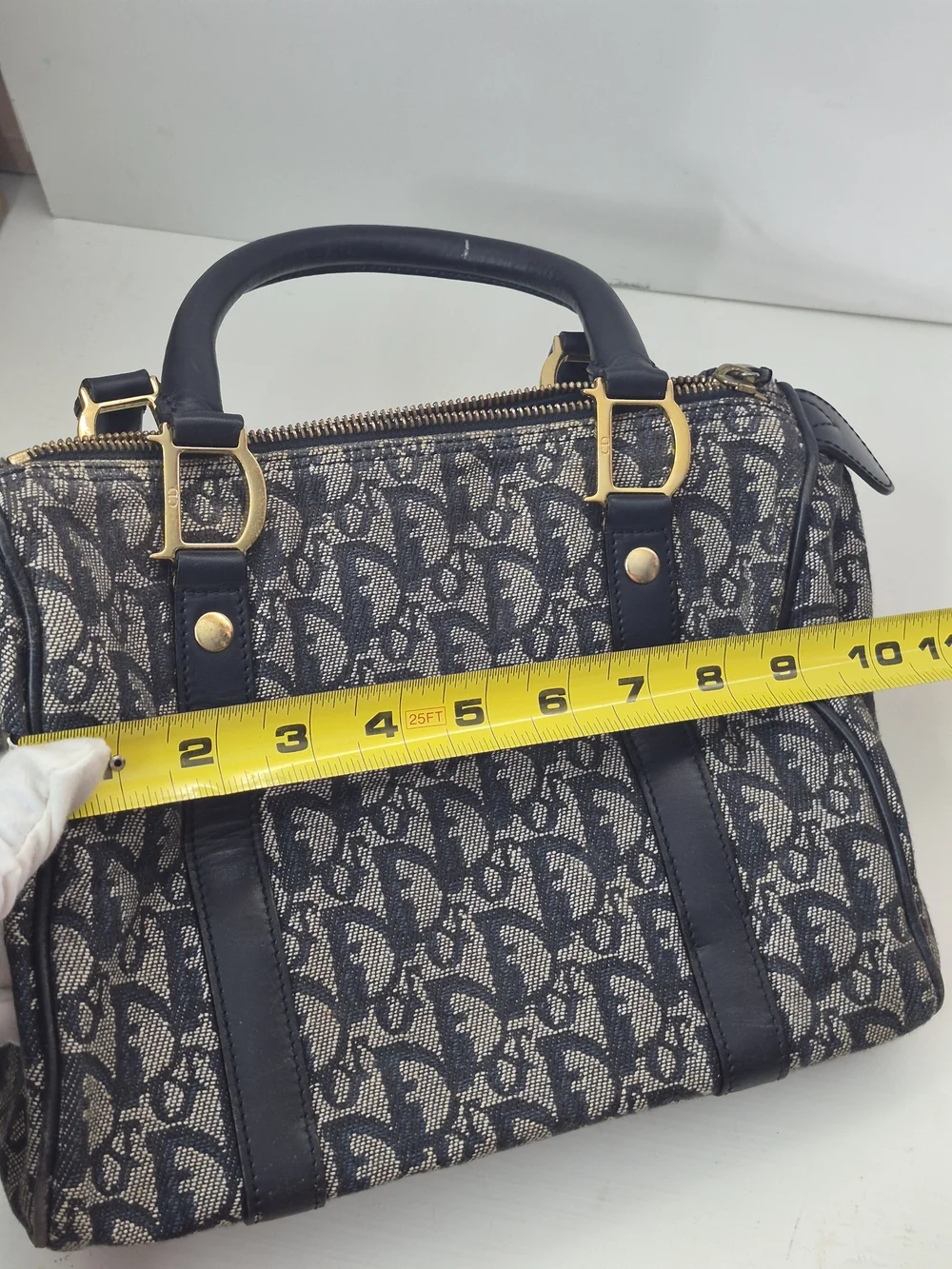 Dior Navy Monogram Canvas Satchel with Gold Hardware - Picture 11 of 13